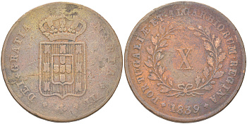 Португалия 10 реалов 1839 Луиш I (1861-1889) KM 409 медь 4162-145