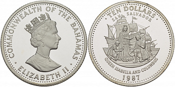 Багамские острова 10 долларов 1987 Сан-Сальвадор, королева Изабелла и Колумб KM 120 серебро PROOF 05-095-12