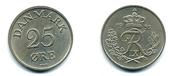 Дания 25 эре 1953 N; S, Фредерик IX (1947-1972) KM 842 медно-никель UNC 25-446