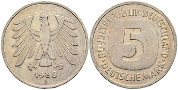 ФРГ 5 марок 1988 J, KM 140.1 , J 415 медно-никель плакированный никелем 85-1153