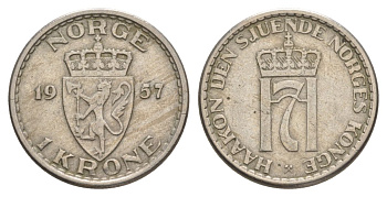 Норвегия 1 крона 1956 Хокон VII (1905-1957) KM 397 медно-никель 4635-635