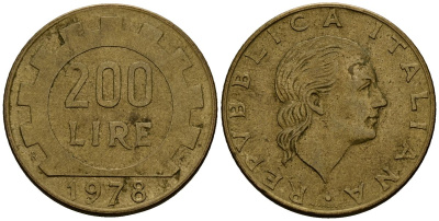 Италия 200 лир 1978 KM 105 алюминиевая бронза 4176-256