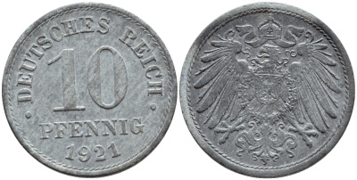 ГЕРМАНИЯ 10 ПФЕННИГОВ 1921 KM 26, J. 299 цинк 4395-1253