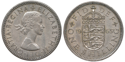 Великобритания 1 шиллинг 1965 Елизавета II (1952-2022), Английский герб KM 904, Spink 4147 медно-никель 4122-1046