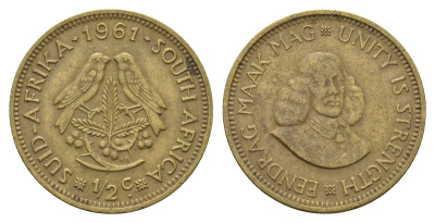 ЮАР 1/2 цента 1961 Ян ван Рибек KM 56 латунь 4114-441