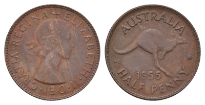 Австралия 1/2 пенни 1955 Елизавета II (1952-2022), кенгуру KM 49 бронза 4671-443