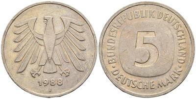 ФРГ 5 марок 1988 J, KM 140.1 , J 415 медно-никель плакированный никелем 85-1153