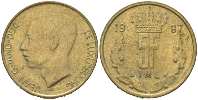 Люксембург 5 франков 1987 Великий герцог Жан (1964-2000) KM 60 алюминиевая бронза 4619-641