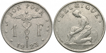 Бельгия 1 франк 1923 Belgique, Альберт I (1909-1934) KM 89 никель 51-1931