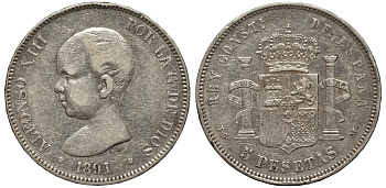 Испания 5 песет 1891 PG-M, Альфонсо XIII (1886-1931) KM 689 серебро 00-1067-4-53