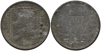 Бельгия 1 франк 1942 Belgique - Belgie, Леопольд III (1934-1947), германская оккупация, Вторая мировая война KM 127 цинк 4161-454