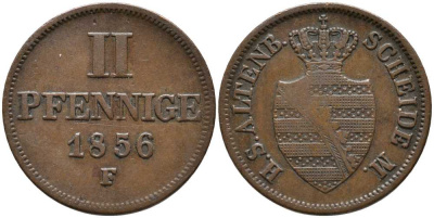 Саксен-Альтенбург 2 пфеннига 1856 F, Эрнст I Саксен-Альтенбургский (1853-1908) KM 15, AKS 62 медь    116-663