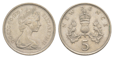 Великобритания 5 новых пенсов 1970 Елизавета II (1952-2022) KM 911, Spink 4233 (D1) медно-никель aUNC 4638-436