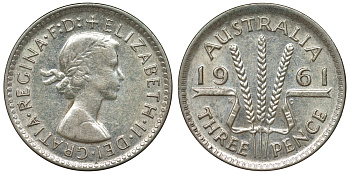 Австралия 3 пенса 1961 m, Елизавета II (1952-2022) KM 57 серебро 71-751
