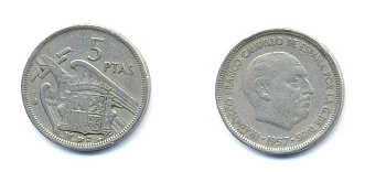 ИСПАНИЯ 5 ПЕСЕТ 1957 (58) ФРАНСИСКО ФРАНКО ДИКТАТОР ИСПАНИИ (1939-1975) KM 786 медно-никель 54-1246