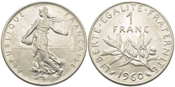 ФРАНЦИЯ 1 ФРАНК 1960 СЕЯТЕЛЬ KM 925.1, LE FRANC 226.4 никель 175-517