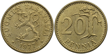 Финляндия 20 пенни 1977 KM 47 алюминиевая бронза 4175-432