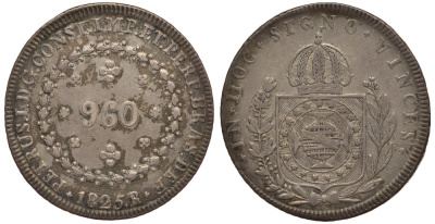 Бразилия 960 рейс 1825 R, Педро II (1831-1889), перечекан, красивая золотисто-голубая патина, маленькие ЦИФРЫ НОМИНАЛА 960 KM 368.1 серебро 00-803-69