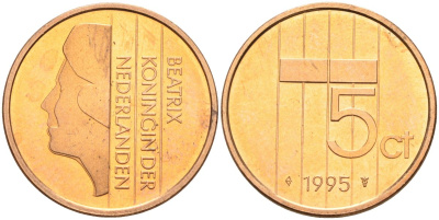 Нидерланды 5 центов 1995 Беатрикс (1980-2013) KM 202 бронза UNC 4116-254