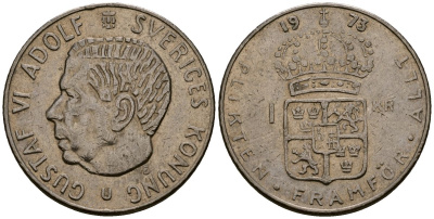 Швеция 1 крона 1973 U, Густав VI Адольф (1950-1973) KM 826а медь плакированная медно-никелем 4176-532