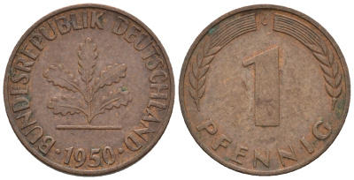 ФРГ 1 пфенниг 1950 G KM 105, J.380 сталь плакированная медью 4609-323