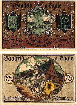 ЗААЛЬФЕЛЬД-ЗААЛЕ 75 ПФЕННИГОВ 1921 НОТГЕЛЬД, 1 АВГУСТА 1921, ЗЕМЛЯ ТЮРИНГИЯ Grabowski 1155.5a бумага 8608-2-3-2