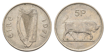 Ирландия 5 пенсов 1971 бык KM 22 медно-никель 4175-155