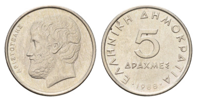 Греция 5 драхм 1988 Аристотель KM 131 медно-никель 4670-254