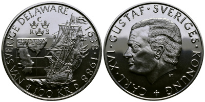 Швеция 100 крон 1988 Карл XVI Густав (1973- ), 350 лет шведской колонии Делавере KM 867.1 серебро UNC 1527-444