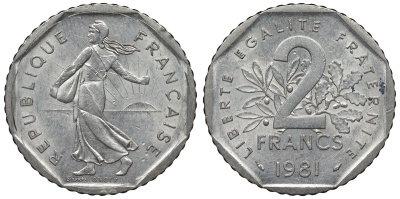 Франция 2 франка 1981 сеятель KM 942.1, Le Franc 272.5 никель 4123-431