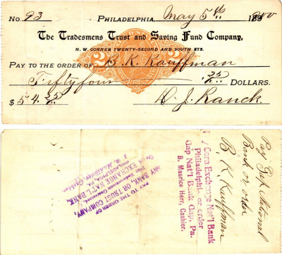 США чек на 54,25 долларов 1900 Филадельфия бумага 3295-77-1-2