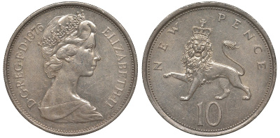 Великобритания 10 пенсов 1976 Елизавета II (1952-2022) KM 912, Spink 4231 (F1) медно-никель 4123-934