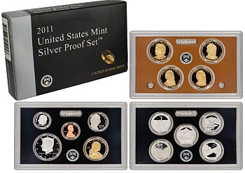 США официальный набор из 14 монет, в 3 пластиковых сетах 2011 годовой набор и юбилейные монет (1 доллар и 25 центов), в оригинальной коробке, сертификат US-001262   PROOF  8-2-03-09