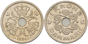 ДАНИЯ 1 КРОНА 1994 LG; JP; A, МАРГРЕТЕ II (1972-) KM 873.1 медно-никель 67-547