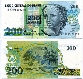 БРАЗИЛИЯ 200 КРУЗЕЙРО 1990 ПОДПИСЬ 27, НАДПЕЧАТКА НА 200 НОВЫХ КРУЗАДО Pick 225b бумага UNC (ПРЕСС) 7222-60-2