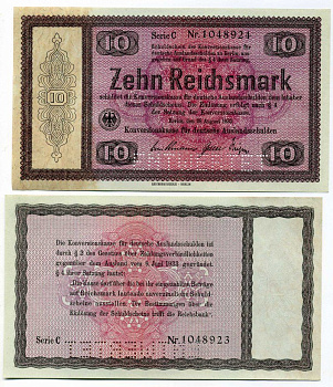 ГЕРМАНИЯ 10 РЕЙХСМАРОК 1933 28 АВГУСТА 1933, КОНВЕРСИОННЫЙ ВЫПУСК, ПРЕОБРАЗОВАНИЕ, ТРЕТИЙ РЕЙХ, СЕРИЯ С, ПЕРФОРАЦИЯ ENTWERTET Pick 200 бумага UNC (ПРЕСС) 000-00-00