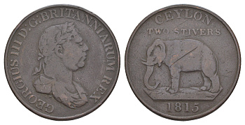 Цейлон 2 стивера 1815 Георг III (1760-1820) KM 82 медь 1518-645