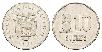 Эквадор 10 сукре 1991 KM 92.2 сталь плакированная никелем 4641-716