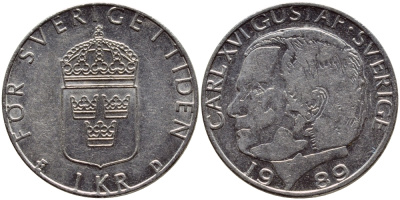 Швеция 1 крона 1989 Карл XVI Густав (1973- ) KM 852a медно-никель 4397-1256