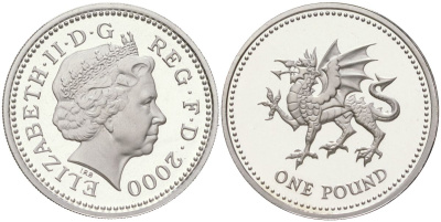 Великобритания 1 фунт 2000 Елизавета II (1952-2022) KM 1005a, Spink J15 серебро PROOF 00-00