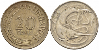 СИНГАПУР 20 ЦЕНТОВ 1968 ГОЛУБОЙ МАРЛИН, ТУНЕЦ KM 4 медно-никель 113-1157