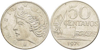 Бразилия 50 сентаво 1970 голова свободы влево KM 580а медно-никель 4529-417