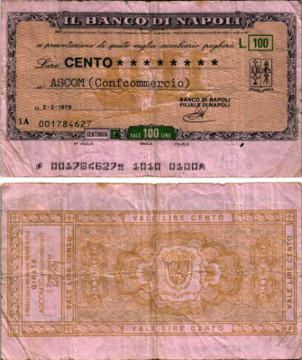 Италия чек на 100 лир 1976 2 февраля 1976, IL Banco Di Napoli бумага 7203-83-3-1