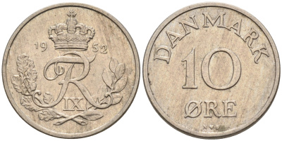 ДАНИЯ 10 ЭРЕ 1952 N; S, ФРЕДЕРИК IX (1947-1972) KM 841.1 медно-никель 4564-1215