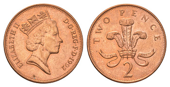 Великобритания 2 пенса 1992 Елизавета II (1952-2022) KM 936a, Spink 4376 (C4) сталь плакированная медью UNC 4628-757
