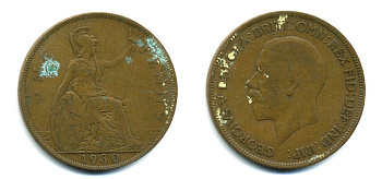 Великобритания 1 пенни 1930 Георг V (1910-1936) КМ 838, Spink 4055 бронза 41-1052