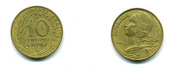 ФРАНЦИЯ 10 САНТИМОВ 1979 ТИП MARIANNE KM 929 медь алюминий никель 62-2422