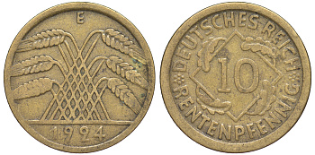 Германия 10 рентенпфеннигов 1924 E KM 33, J. 309 алюминиевая бронза 4604-645