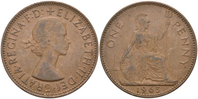 Великобритания 1 пенни 1963 Елизавета II (1952-2022) KM 897, Spink 4157 бронза 4574-224