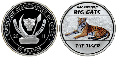 Конго набор из 4 монет по 30 франков 2011 серия 'Величественные крупные кошки', тигр, леопард, гепард, лев, вес каждой монеты 20 гр., тираж 3000 наборов, эмаль, в оригинальной деревянной коробке с сертификатом серебро PROOF 4-3-2-08
